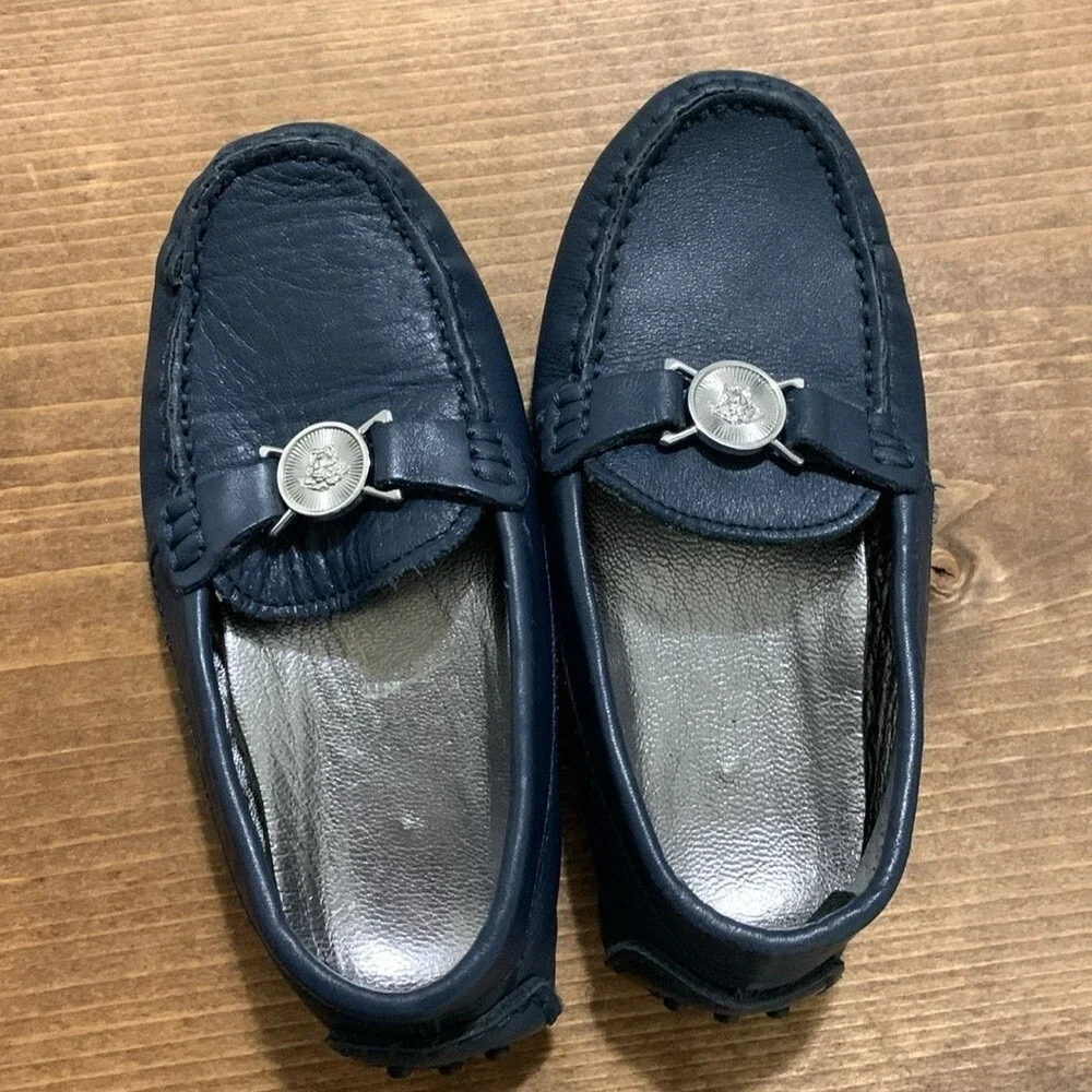 Kids Navy Blue‎ Leather Medusa Head Loafers Driving Shoes Size 26 EU 9-9.5 US
